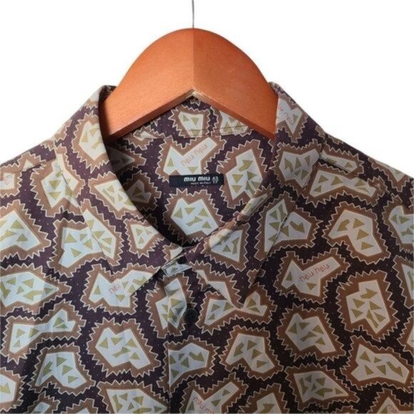 Miu Miu Mens Casual Button Down Shirt Graphic Print Logo All Over Green Brown - Picture 6 of 16